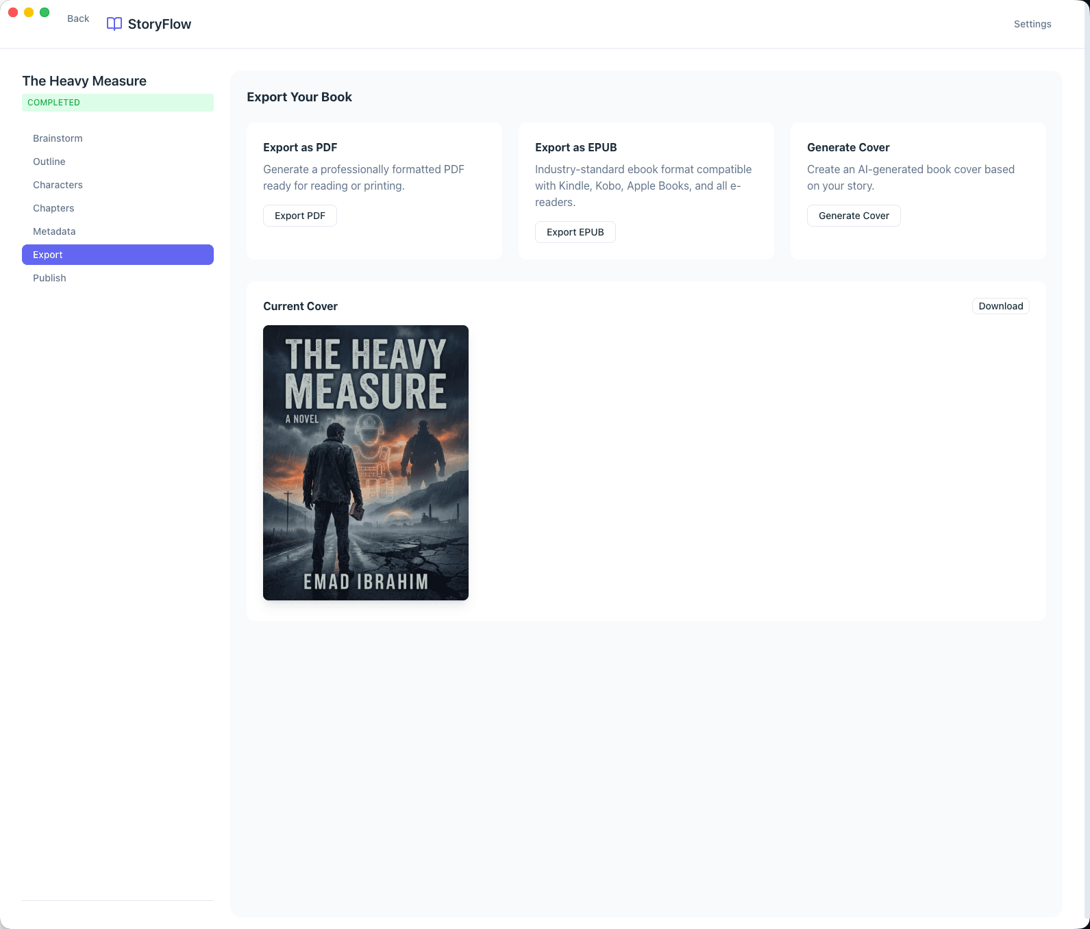 StoryFlow export view - PDF, EPUB, and cover generation