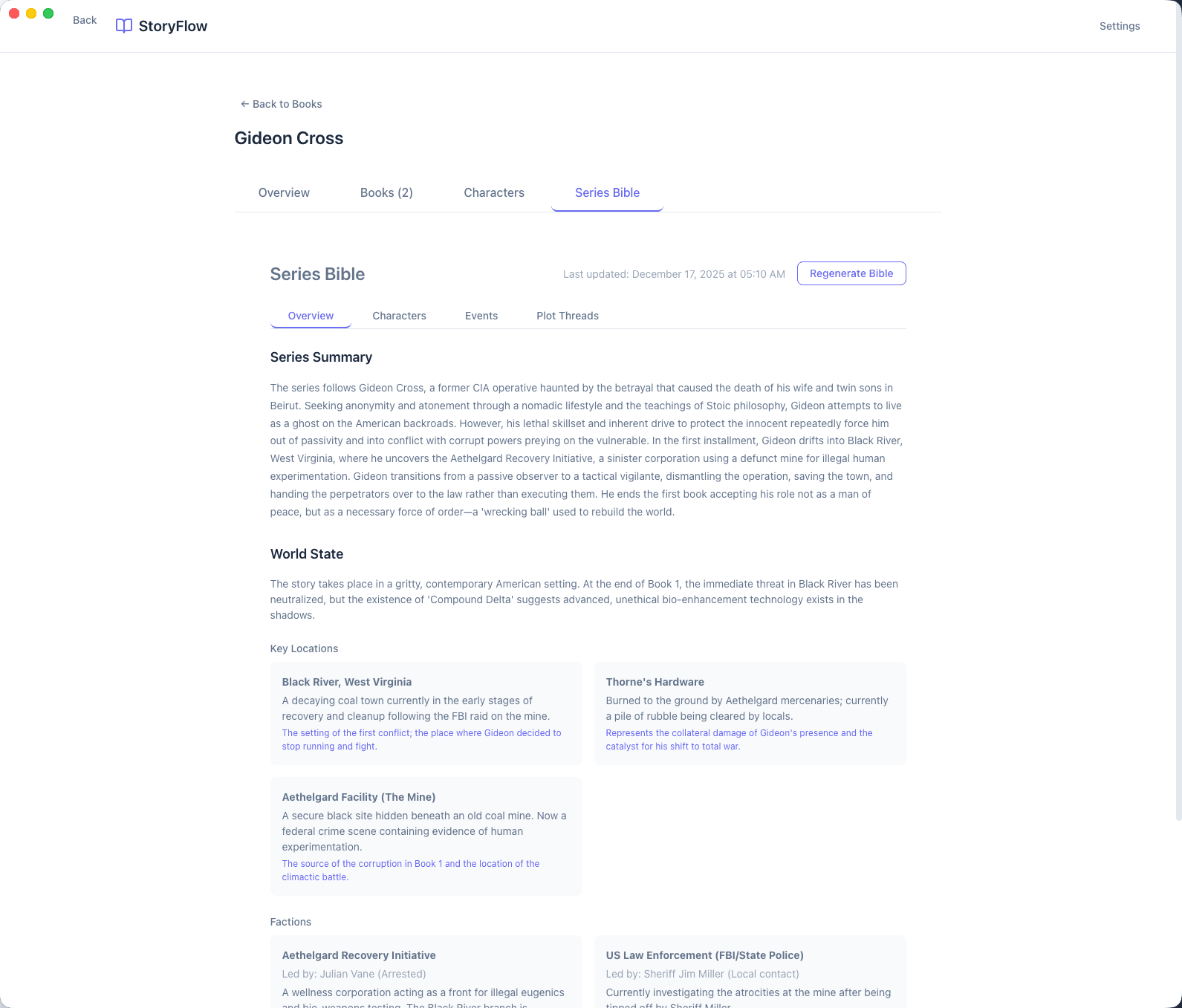 StoryFlow series bible with worldbuilding